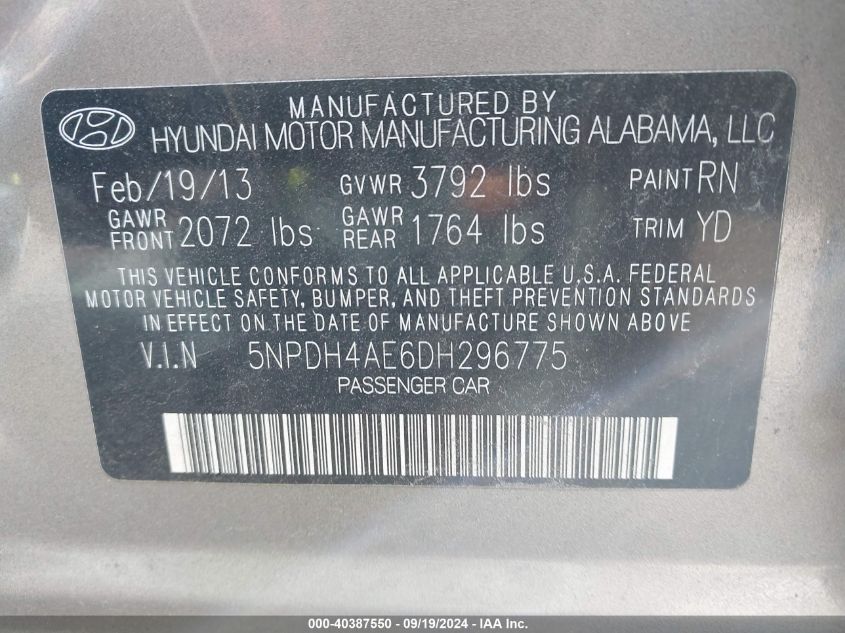 5NPDH4AE6DH296775 2013 Hyundai Elantra Gls
