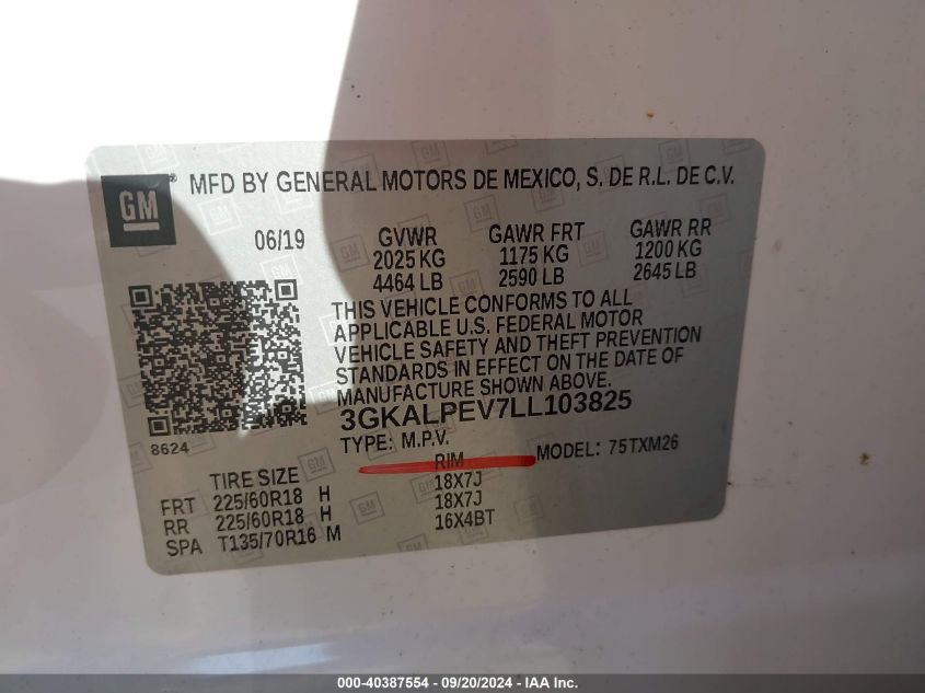 2020 GMC Terrain Fwd Slt VIN: 3GKALPEV7LL103825 Lot: 40387554