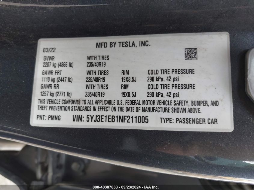 2022 Tesla Model 3 Long Range Dual Motor All-Wheel Drive VIN: 5YJ3E1EB1NF211005 Lot: 40387638