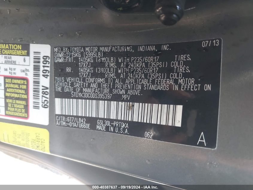 5TDYK3DC0DS395397 2013 Toyota Sienna Xle V6 8 Passenger