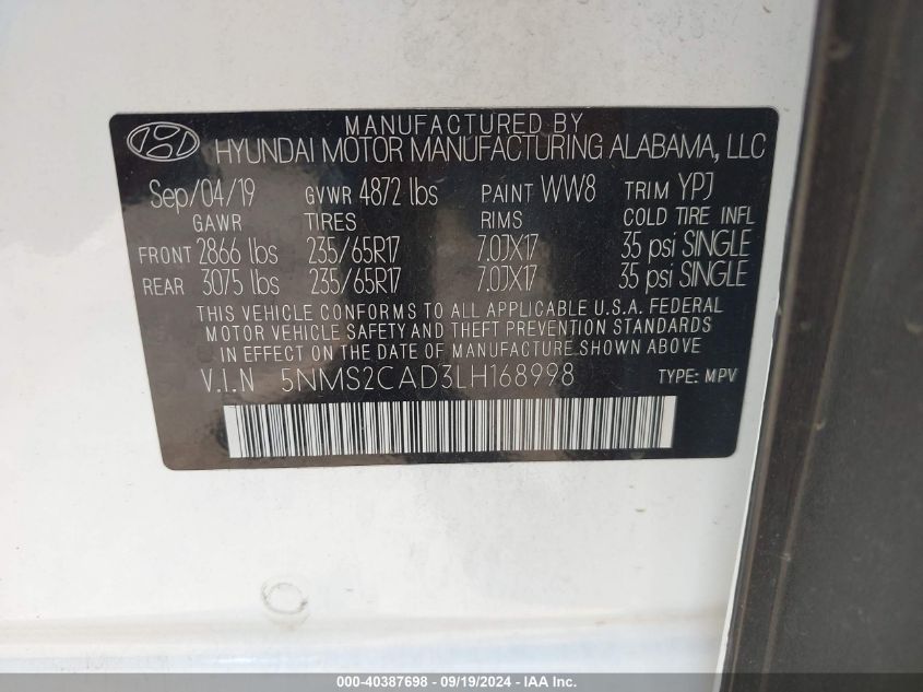 2020 Hyundai Santa Fe Se VIN: 5NMS2CAD3LH168998 Lot: 40387698