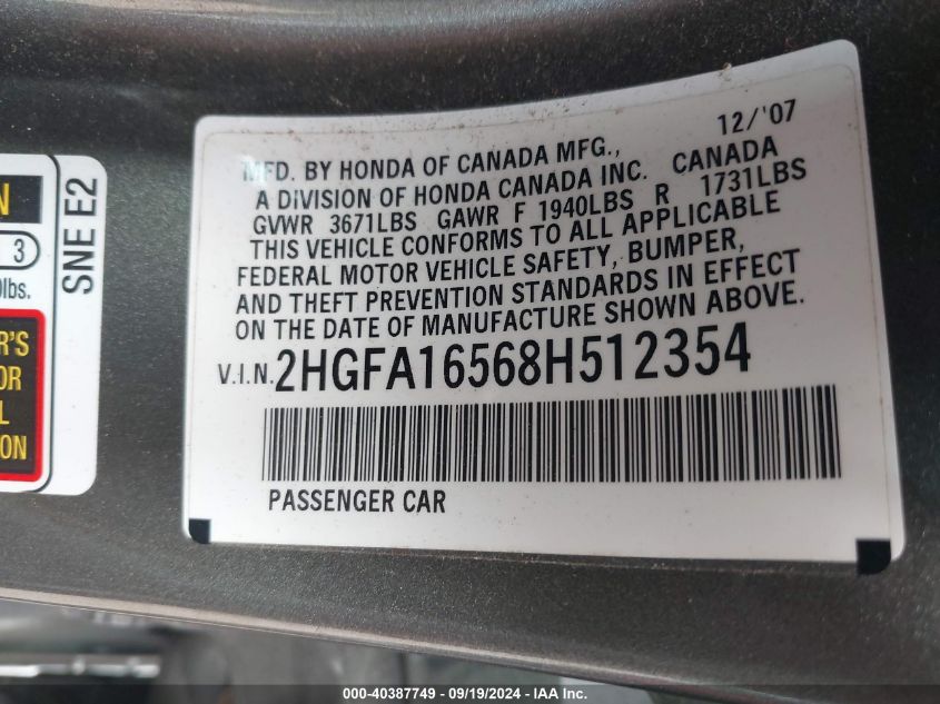 2HGFA16568H512354 2008 Honda Civic Lx