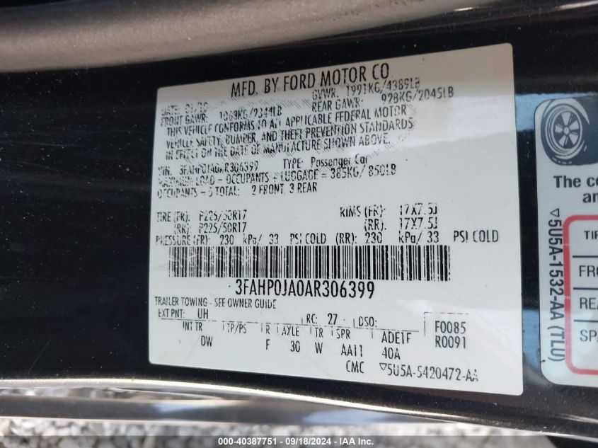 2010 Ford Fusion Sel VIN: 3FAHP0JA0AR306399 Lot: 40387751