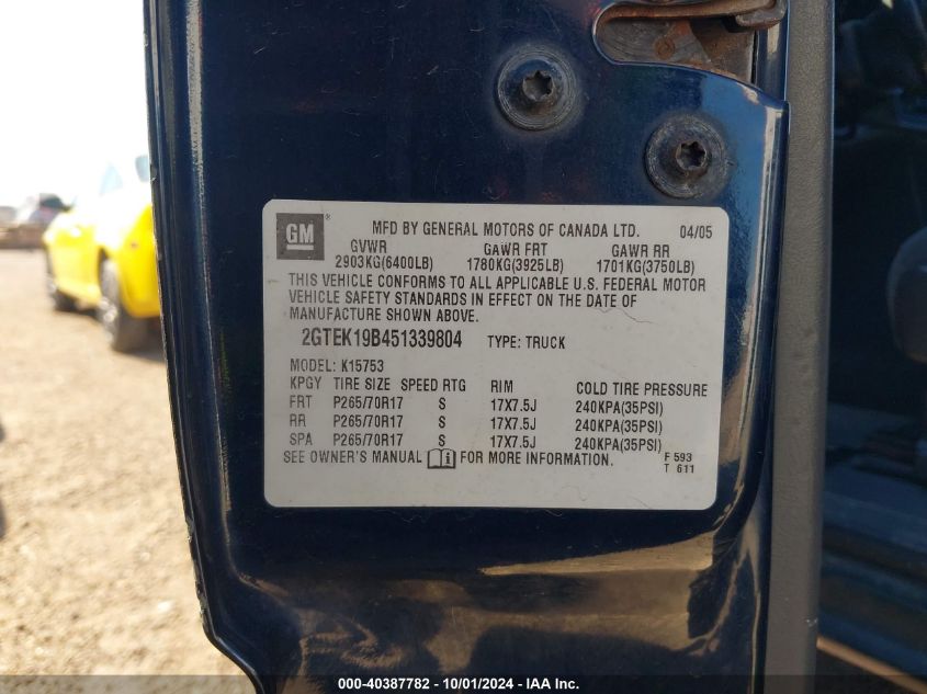 2005 GMC Sierra 1500 Sle VIN: 2GTEK19B451339804 Lot: 40387782