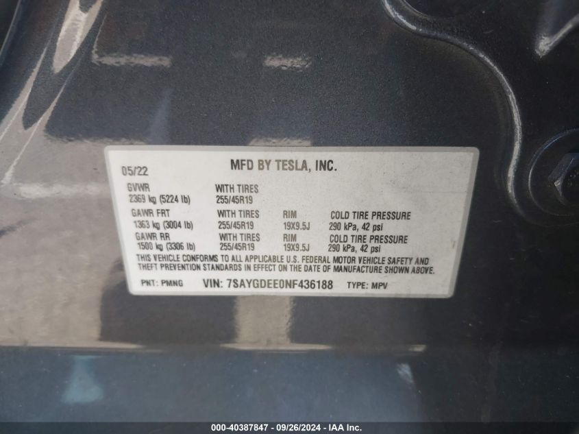 7SAYGDEE0NF436188 2022 Tesla Model Y