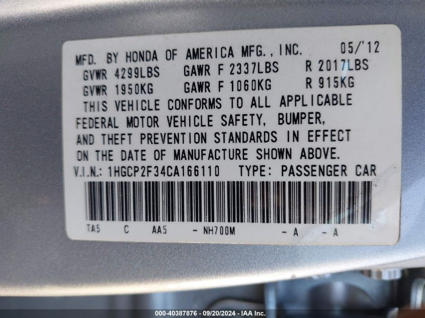 1HGCP2F34CA166110 2012 Honda Accord 2.4 Lx