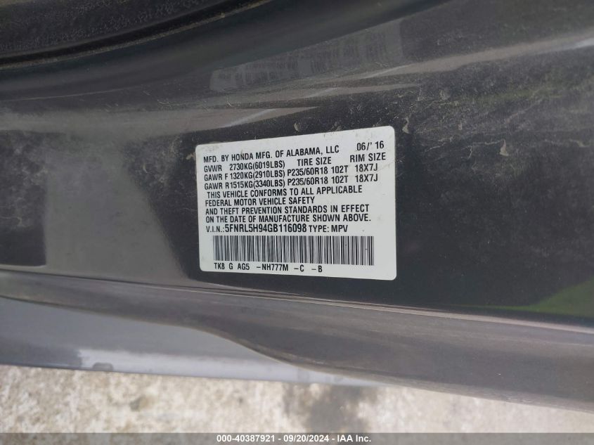 5FNRL5H94GB116098 2016 Honda Odyssey Touring/Touring Elite