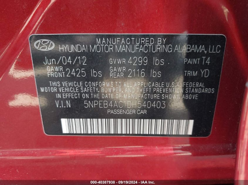 5NPEB4AC1DH540403 2013 Hyundai Sonata Gls