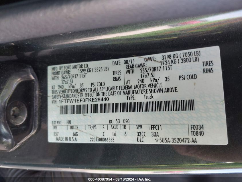 2015 Ford F-150 Xlt VIN: 1FTFW1EF0FKE29440 Lot: 40387954