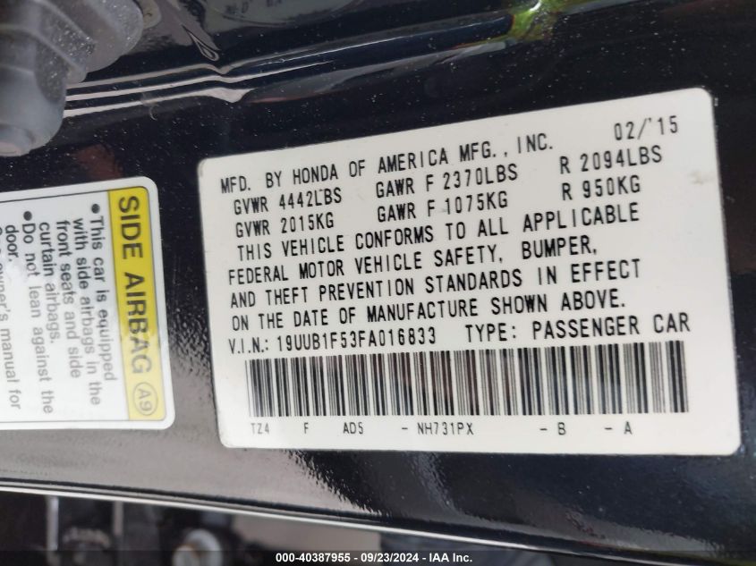 19UUB1F53FA016833 2015 Acura Tlx Tech