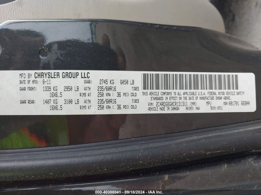 2012 Dodge Grand Caravan Se/Avp VIN: 2C4RDGBG0CR131311 Lot: 40388041