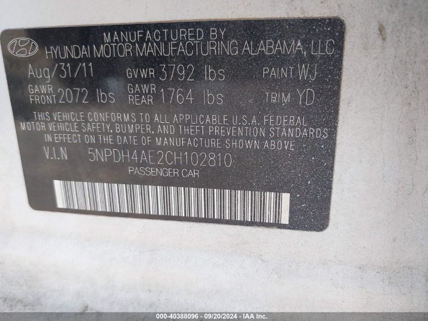 5NPDH4AE2CH102810 2012 Hyundai Elantra Gls