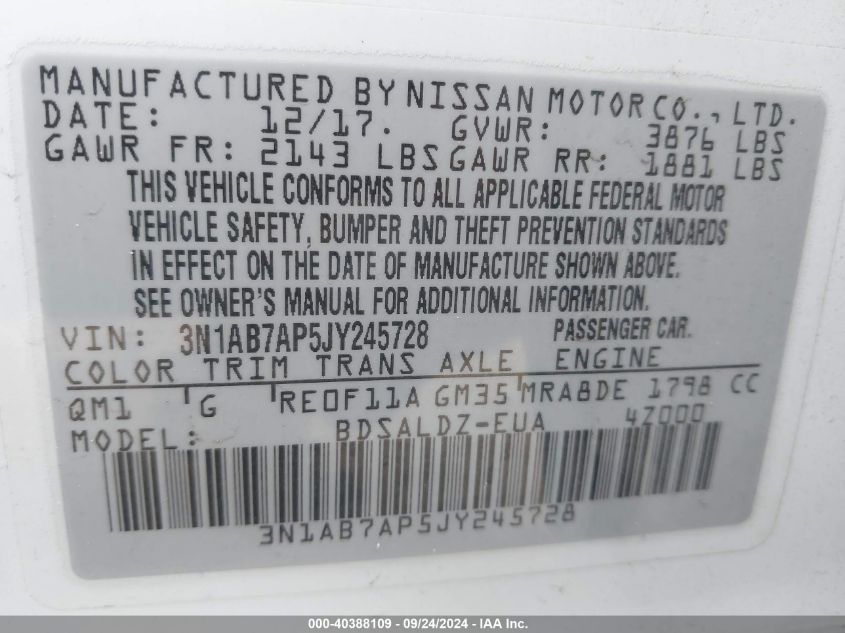 3N1AB7AP5JY245728 2018 Nissan Sentra Sv