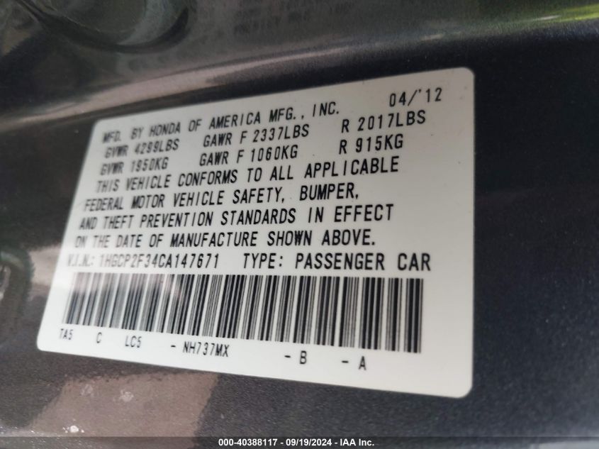 1HGCP2F34CA147671 2012 Honda Accord 2.4 Lx