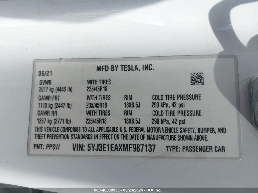 2021 Tesla Model 3 VIN: 5YJ3E1EAXMF987137 Lot: 40388133