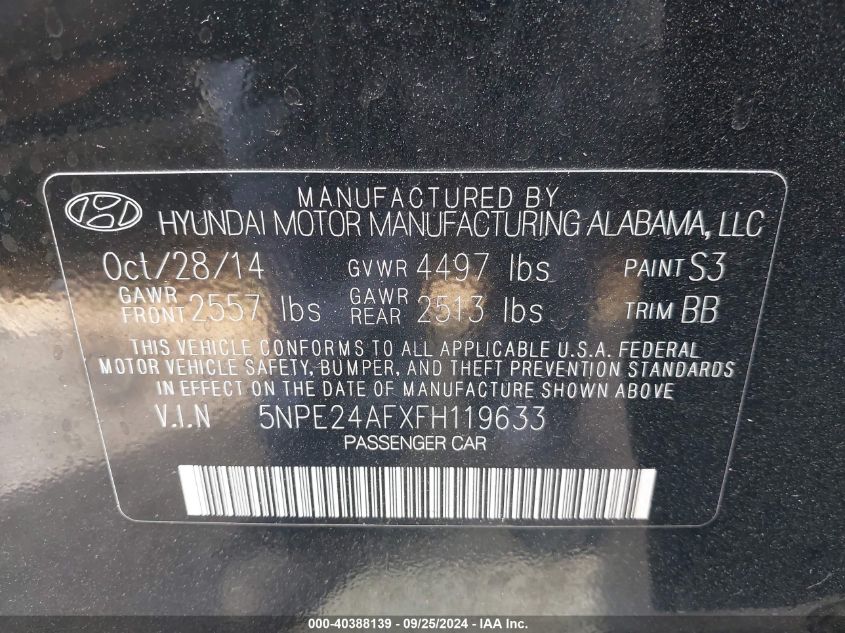 5NPE24AFXFH119633 2015 Hyundai Sonata Se