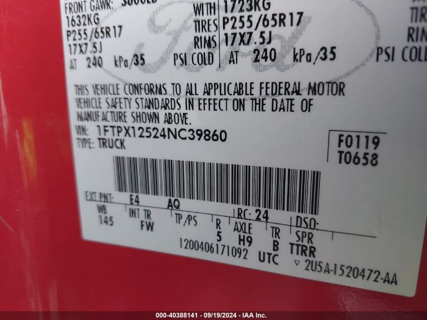 2004 Ford F-150 Lariat/Xl/Xlt VIN: 1FTPX12524NC39860 Lot: 40388141