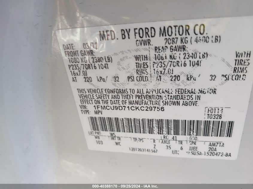 1FMCU9D71CKC29756 2012 Ford Escape Xlt