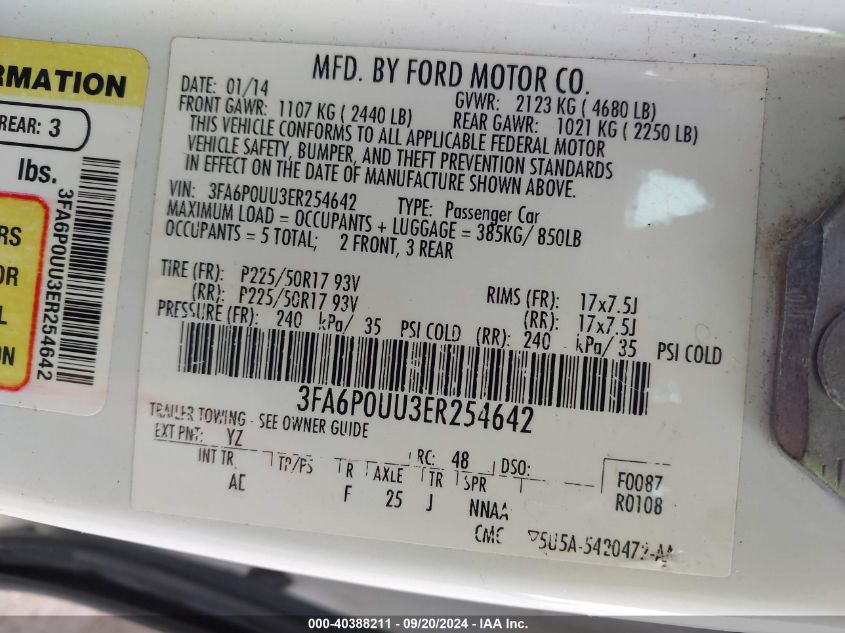 2014 Ford Fusion Hybrid S VIN: 3FA6P0UU3ER254642 Lot: 40388211