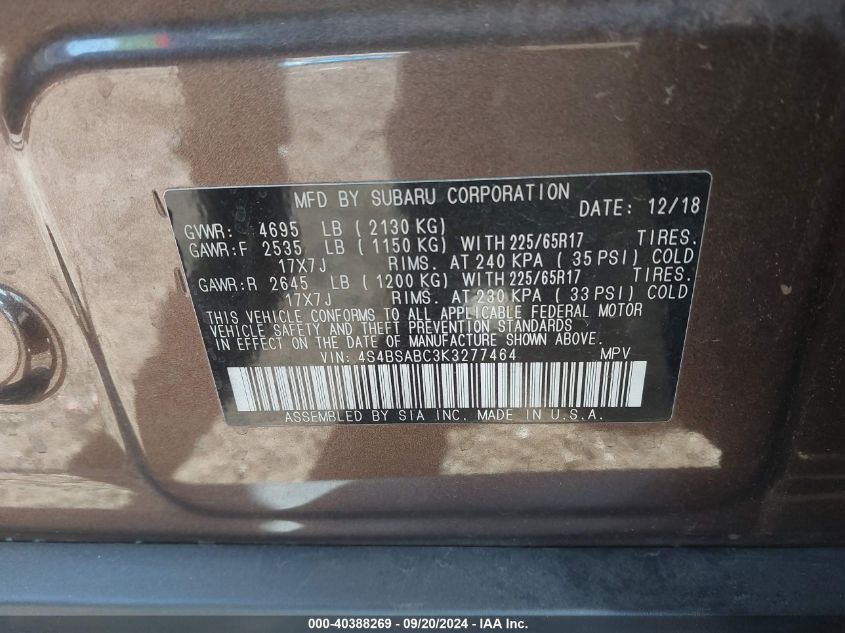 4S4BSABC3K3277464 2019 Subaru Outback 2.5I