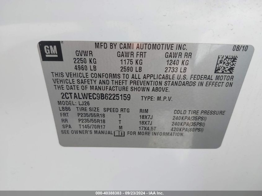 2011 GMC Terrain Slt-2 VIN: 2CTALWEC9B6225159 Lot: 40388383