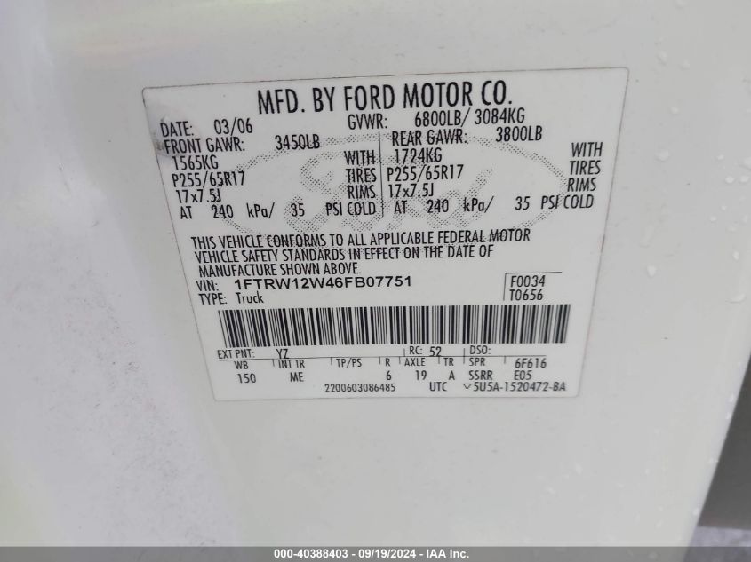 1FTRW12W46FB07751 2006 Ford F-150 Xlt