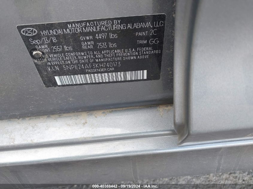5NPE24AF3KH740173 2019 Hyundai Sonata Se