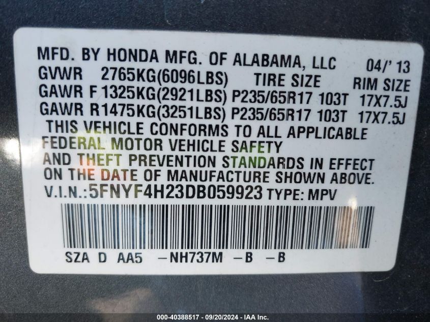 2013 Honda Pilot Lx VIN: 5FNYF4H23DB059923 Lot: 40388517