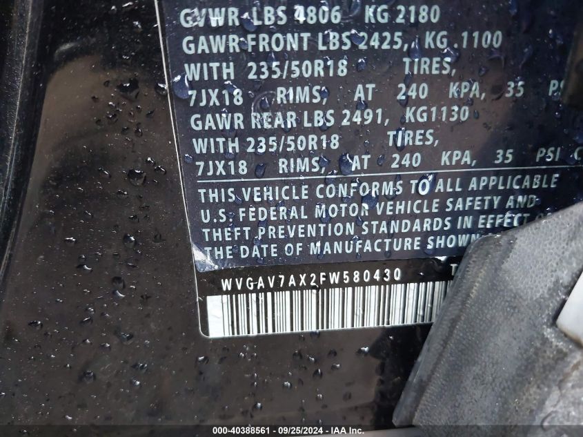 WVGAV7AX2FW580430 2015 Volkswagen Tiguan Sel