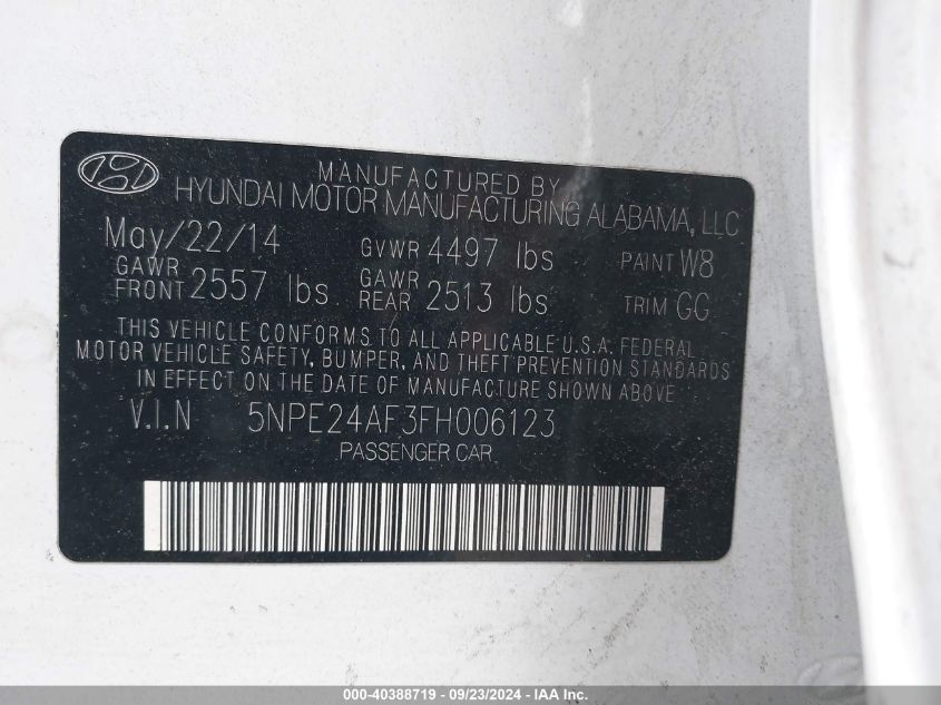 5NPE24AF3FH006123 2015 Hyundai Sonata Se