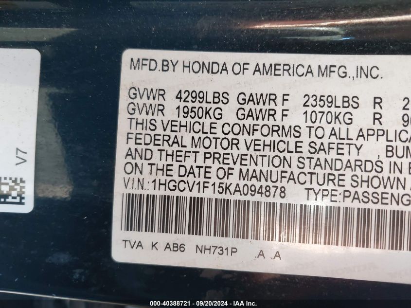 1HGCV1F15KA094878 2019 Honda Accord Lx