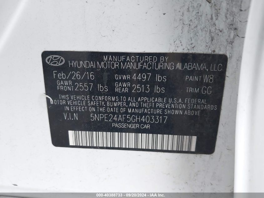 2016 HYUNDAI SONATA SE - 5NPE24AF5GH403317