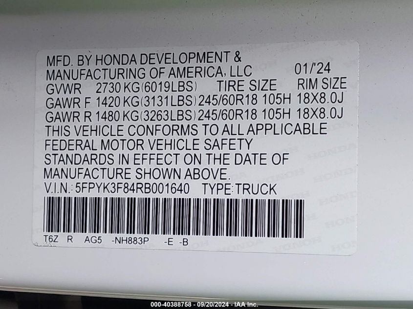 2024 Honda Ridgeline Black Edition VIN: 5FPYK3F84RB001640 Lot: 40388758