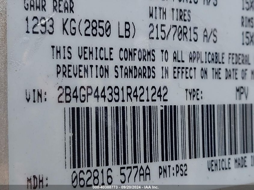 2001 Dodge Grand Caravan Sport VIN: 2B4GP44391R421242 Lot: 40388773