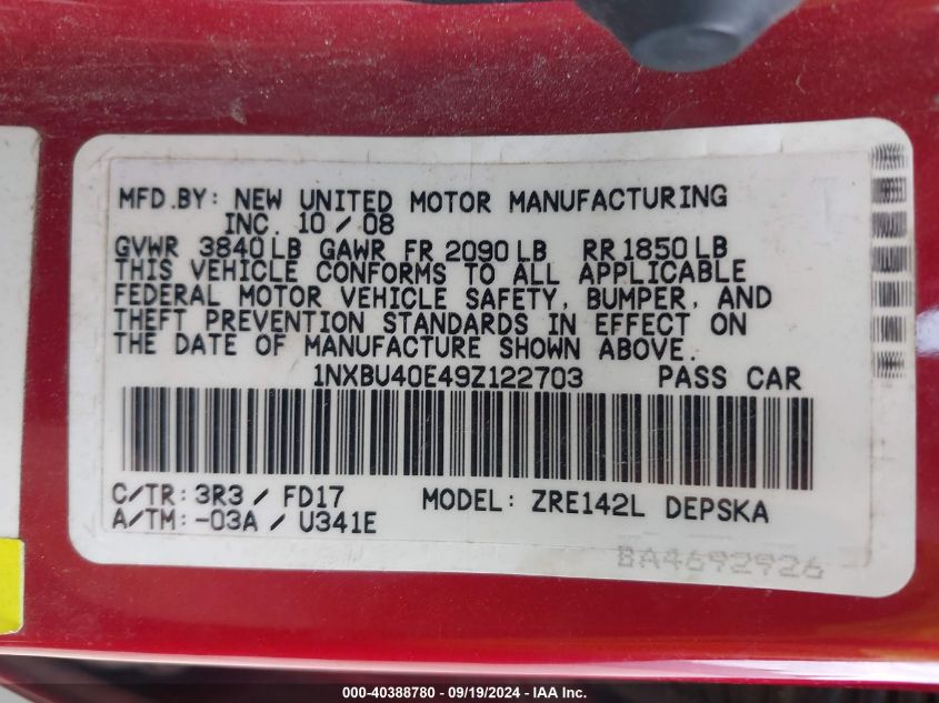 2009 TOYOTA COROLLA VIN: 1NXBU40E49Z122703