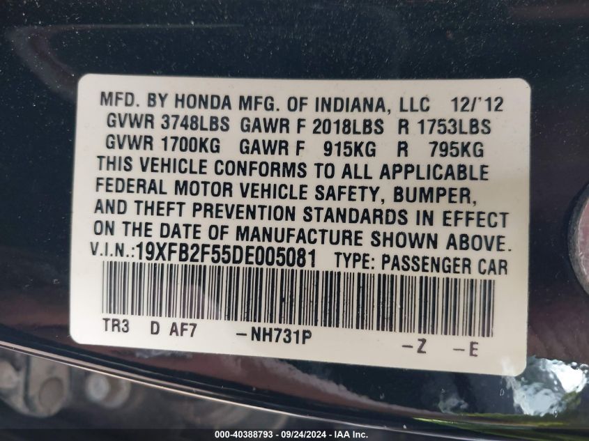 19XFB2F55DE005081 2013 Honda Civic Lx