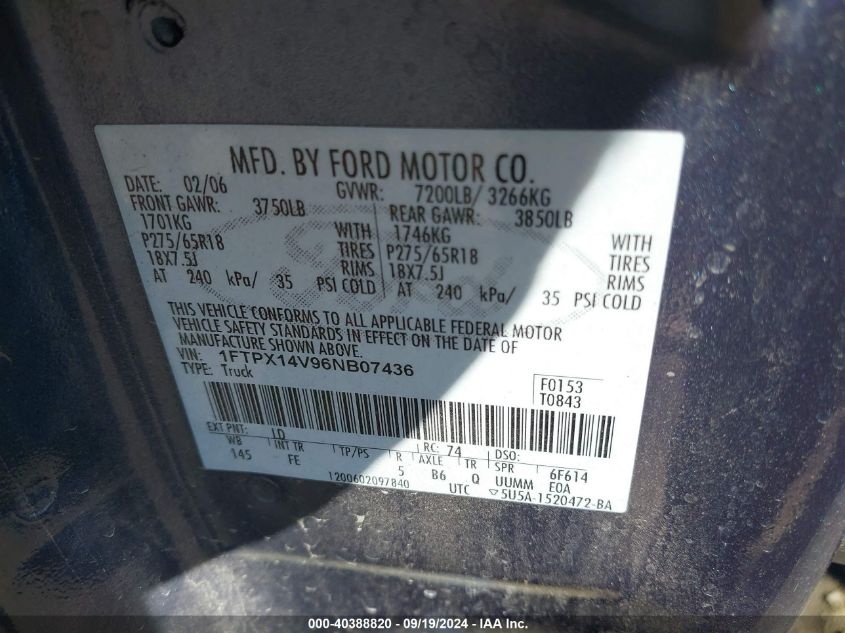 1FTPX14V96NB07436 2006 Ford F-150 Fx4/Lariat/Xl/Xlt