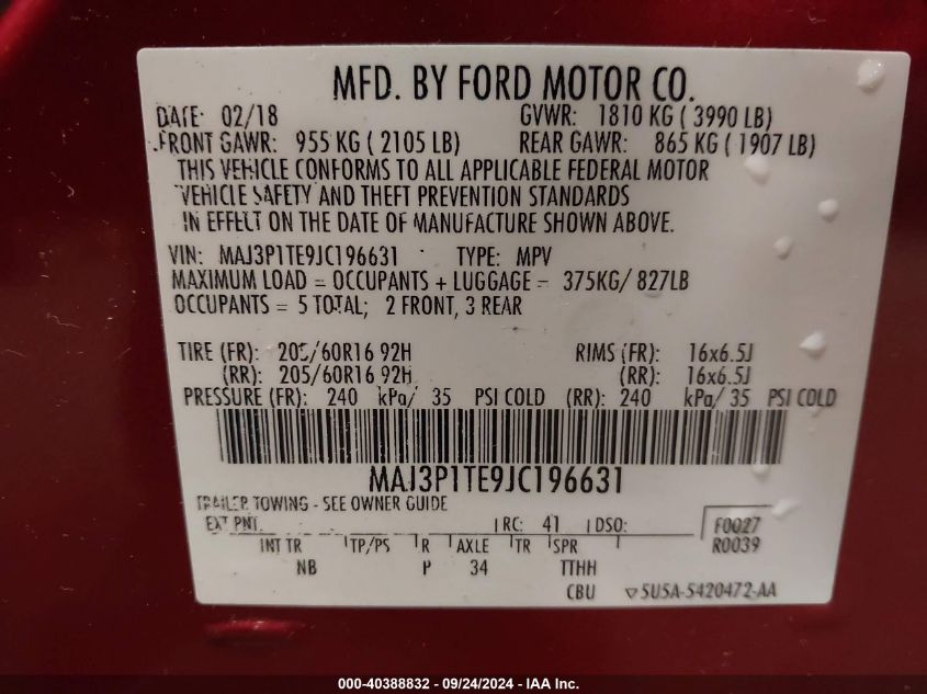 2018 Ford Ecosport Se VIN: MAJ3P1TE9JC196631 Lot: 40388832