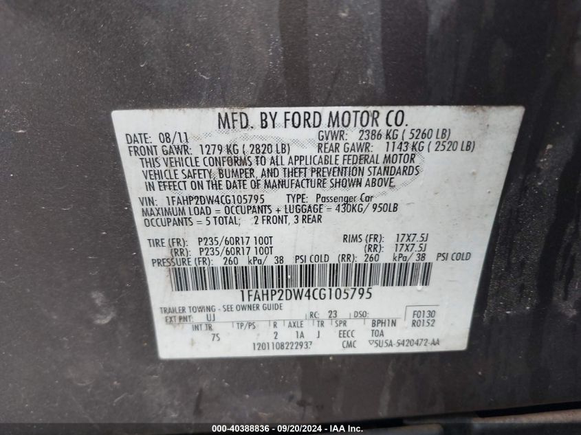 2012 Ford Taurus Se VIN: 1FAHP2DW4CG105795 Lot: 40388836