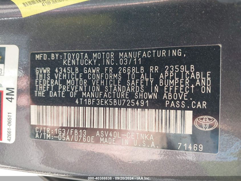 4T1BF3EK5BU725491 2011 Toyota Camry Le