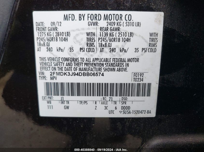 2013 Ford Edge Sel VIN: 2FMDK3J94DBB06574 Lot: 40388840