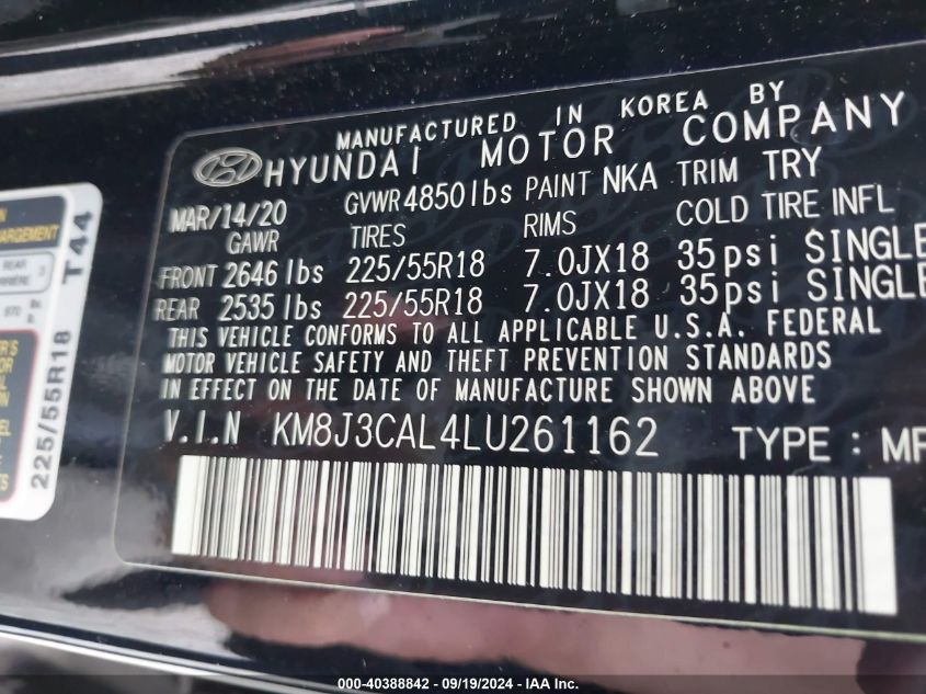 KM8J3CAL4LU261162 2020 Hyundai Tucson Ultimate