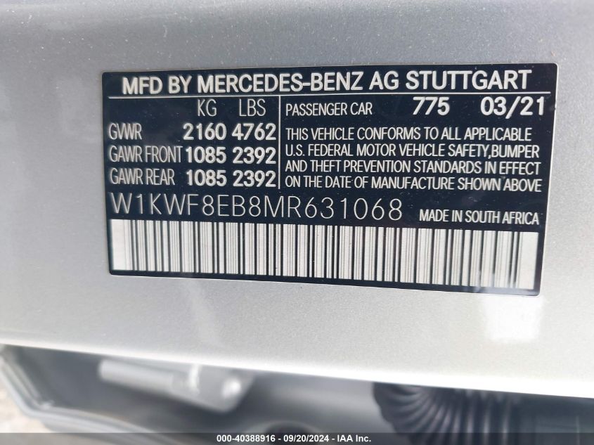 2021 Mercedes-Benz C 300 4Matic VIN: W1KWF8EB8MR631068 Lot: 40388916