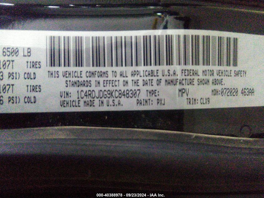 1C4RDJDG9KC848307 2019 Dodge Durango Gt