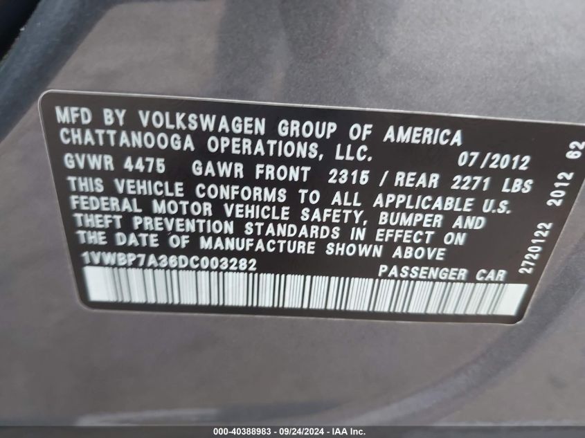 1VWBP7A36DC003282 2013 Volkswagen Passat Se