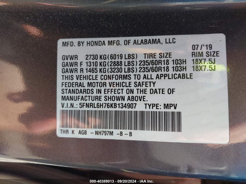 5FNRL6H76KB134907 2019 Honda Odyssey Ex-L