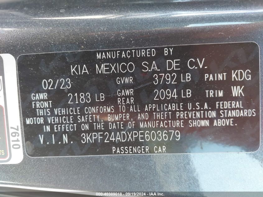 2023 Kia Forte Lxs VIN: 3KPF24ADXPE603679 Lot: 40389018