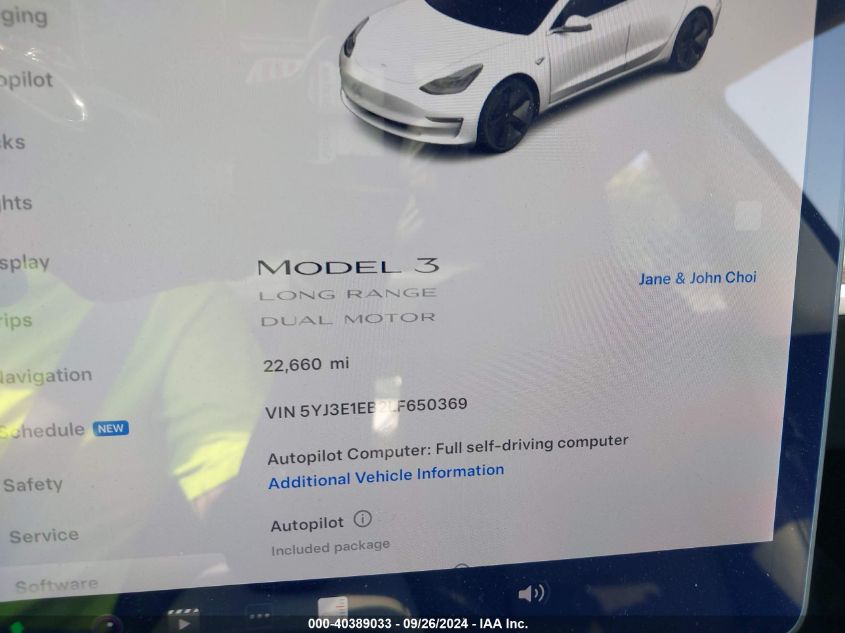 2020 Tesla Model 3 Long Range Dual Motor All-Wheel Drive VIN: 5YJ3E1EB2LF650369 Lot: 40389033