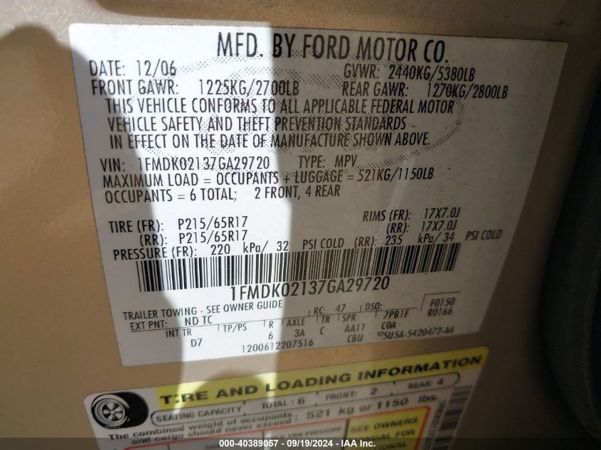 1FMDK02137GA29720 2007 Ford Freestyle Sel