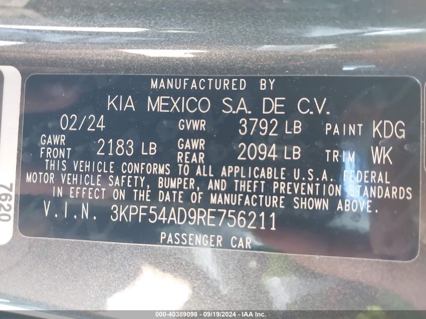 2024 Kia Forte Gt-Line VIN: 3KPF54AD9RE756211 Lot: 40389098